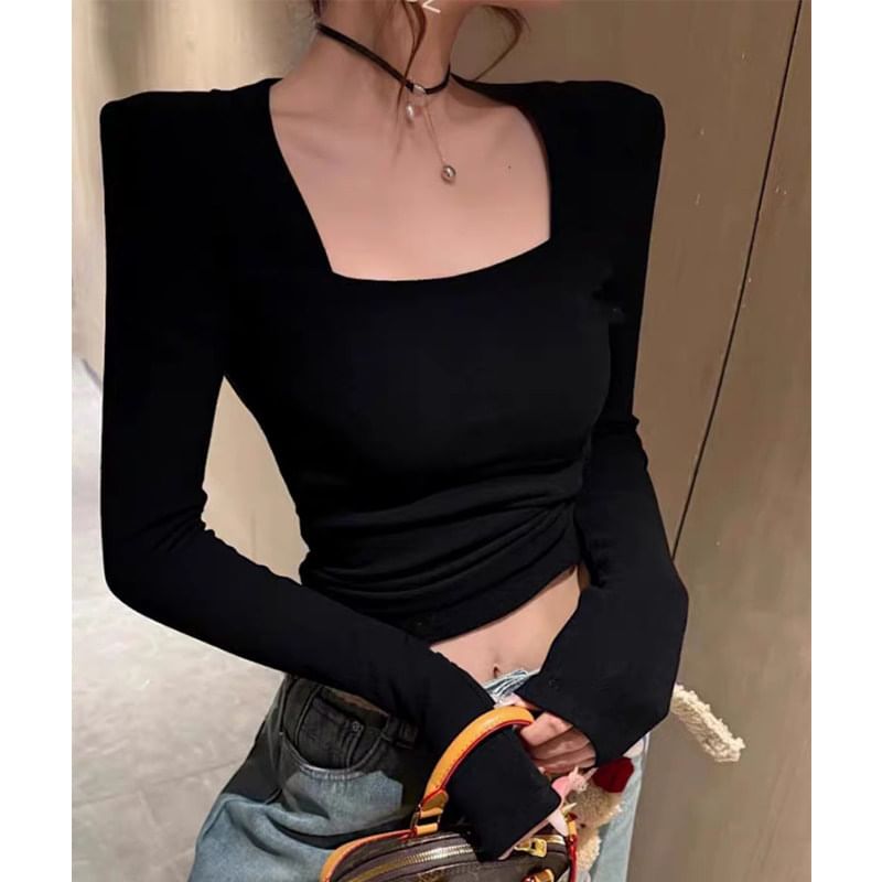 Square Neck Long Sleeve Padded Shoulder Top