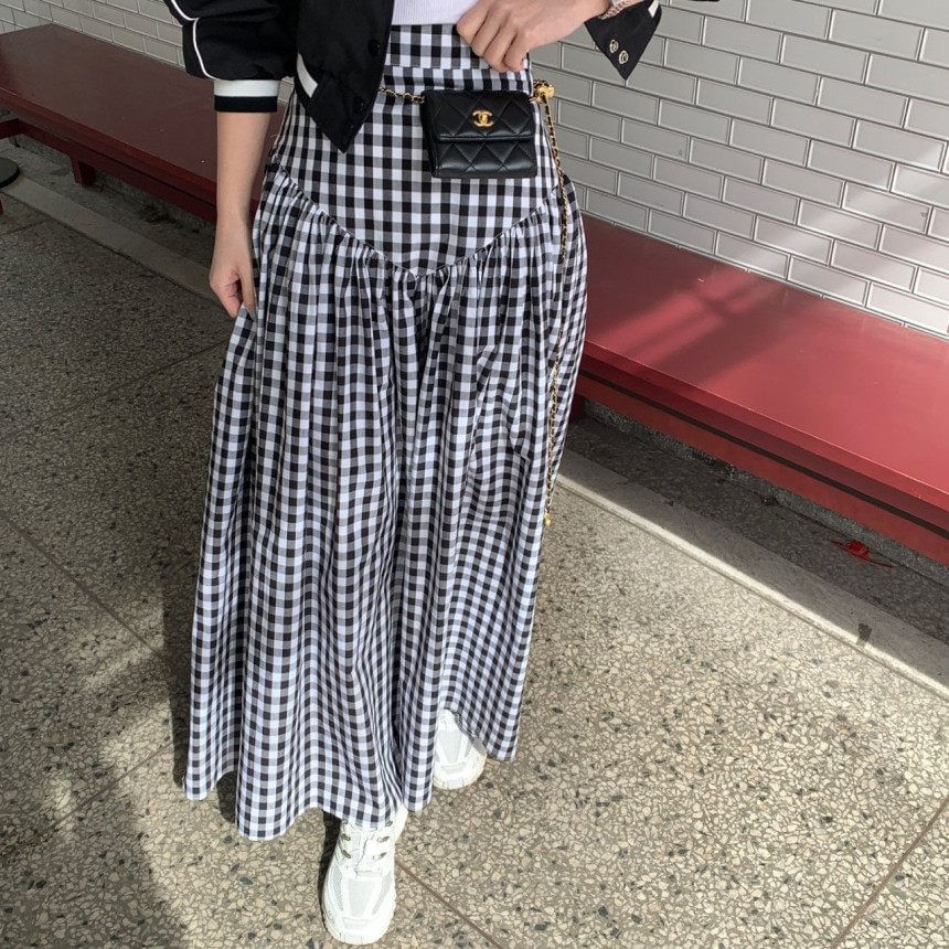 Ruched Maxi A-Line Skirt - High-Waisted Plain