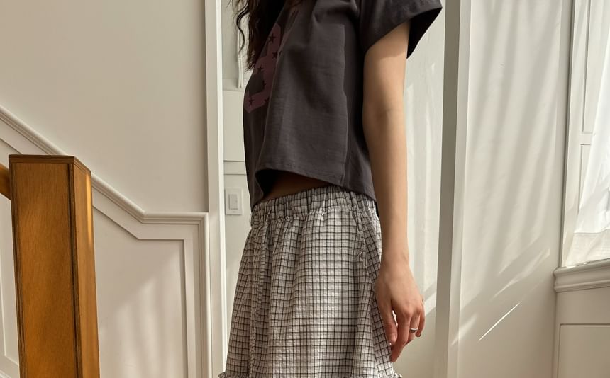 Plaid Frill Trim Drawstring Midi A-Line Skirt