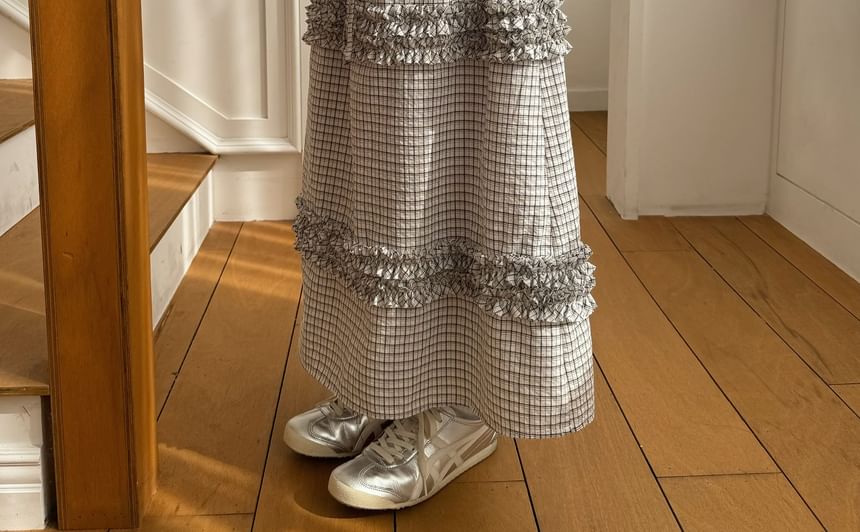 Plaid Frill Trim Drawstring Midi A-Line Skirt