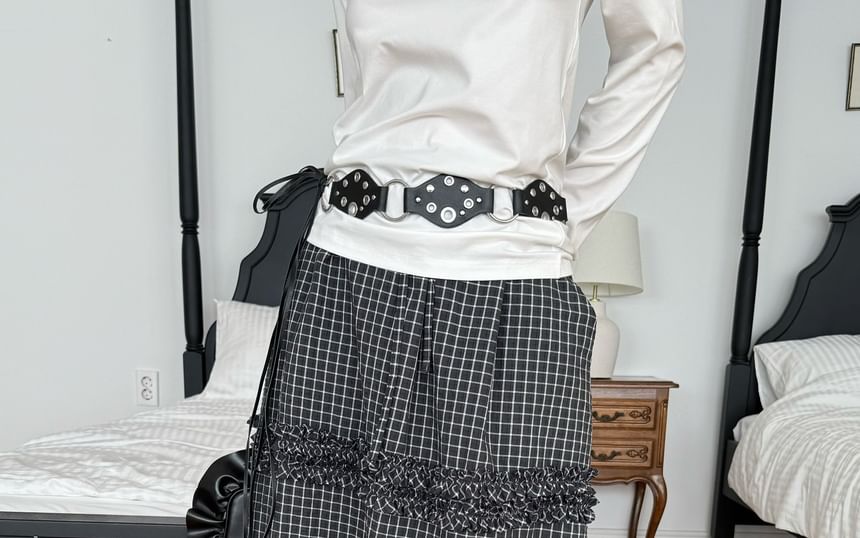 Plaid Frill Trim Drawstring Midi A-Line Skirt