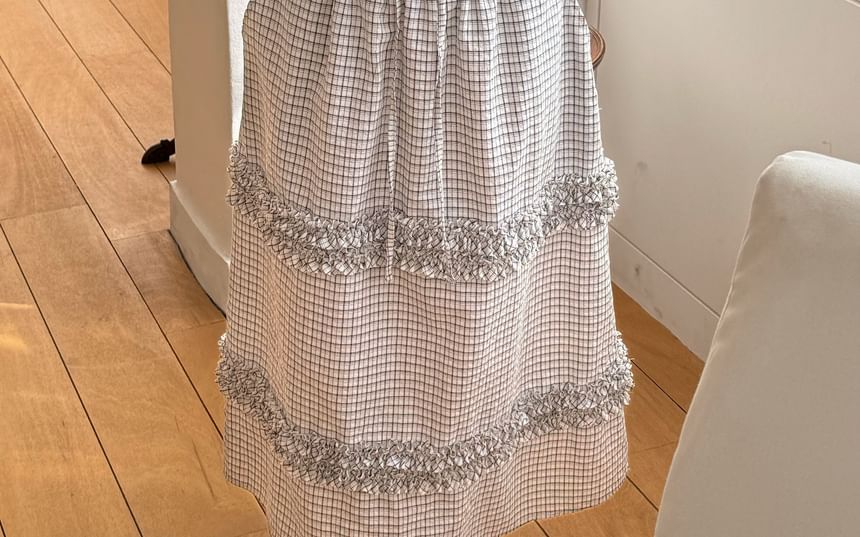 Plaid Frill Trim Drawstring Midi A-Line Skirt