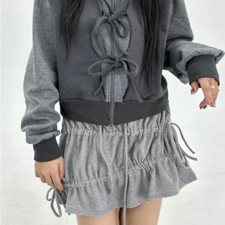 Ruched Mini A-Line Skirt - Drawstring Waist Plain