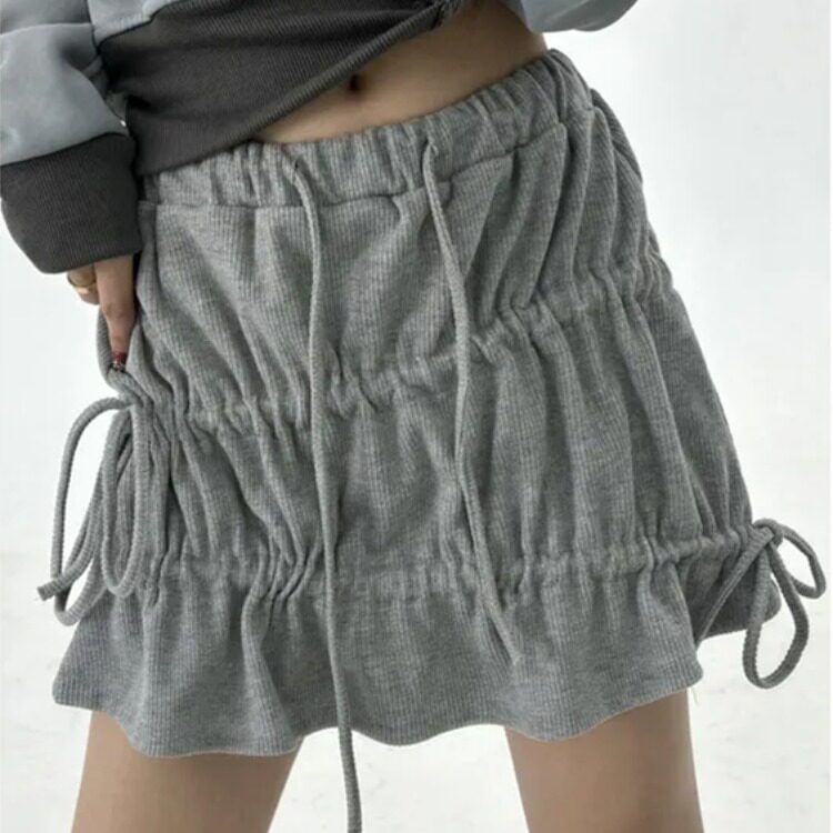 Ruched Mini A-Line Skirt - Drawstring Waist Plain