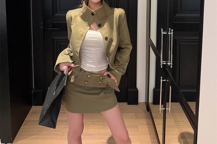 Stand Collar Button-Up Crop Jacket & Mini Pencil Skirt Set