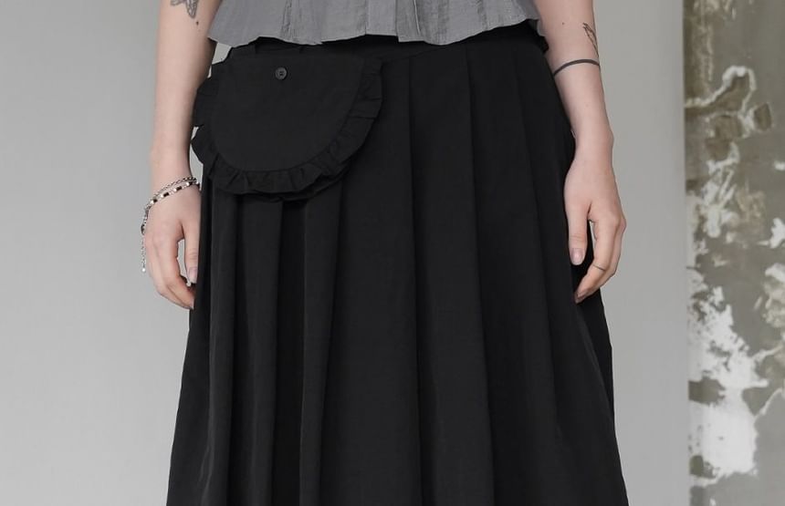 Set: High-Waisted Pleated Midi A-Line Skirt with Pouch