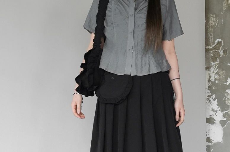 Set: High-Waisted Pleated Midi A-Line Skirt with Pouch