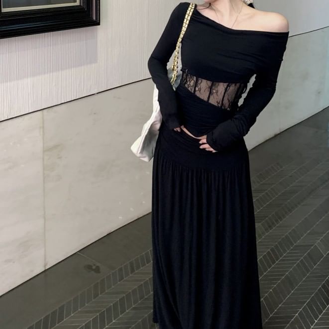 Off-Shoulder Long-Sleeve Top with High-Waisted Maxi A-Line Skirt