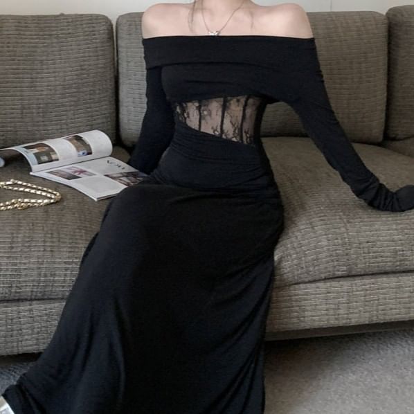 Off-Shoulder Long-Sleeve Top with High-Waisted Maxi A-Line Skirt