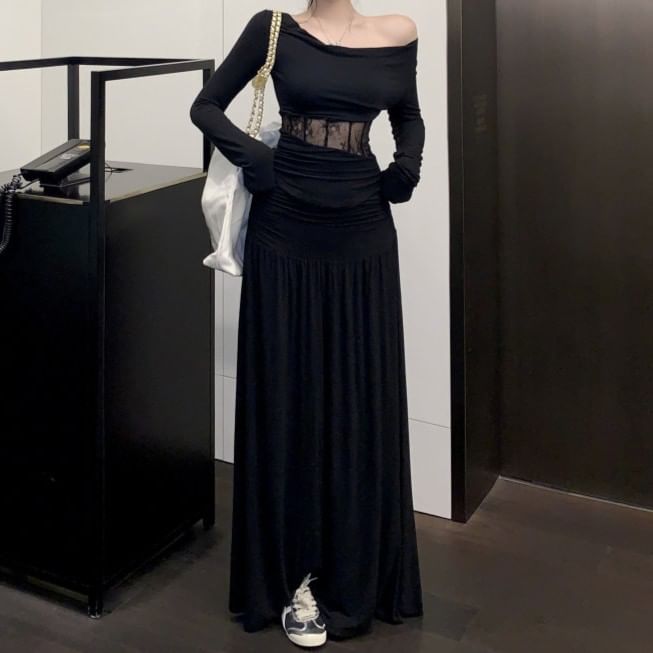 Off-Shoulder Long-Sleeve Top with High-Waisted Maxi A-Line Skirt
