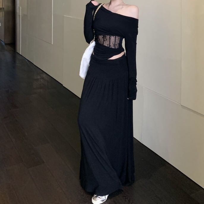 Off-Shoulder Long-Sleeve Top with High-Waisted Maxi A-Line Skirt