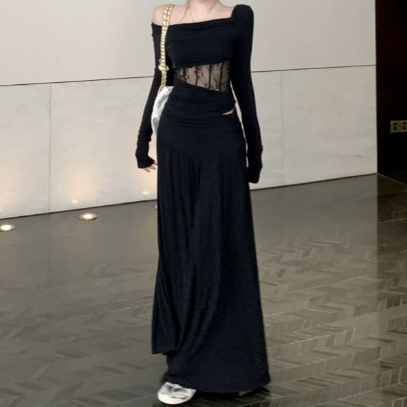 Off-Shoulder Long-Sleeve Top with High-Waisted Maxi A-Line Skirt