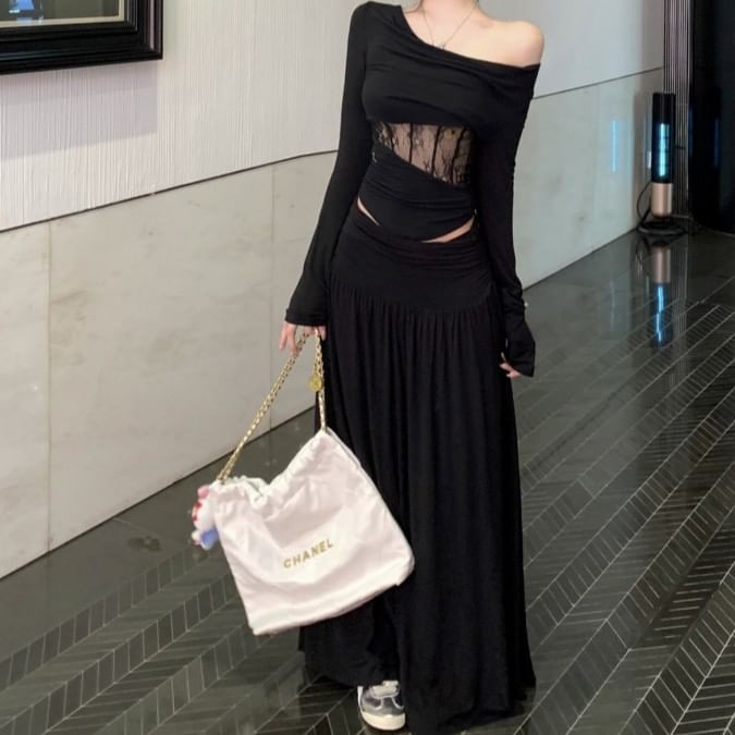 Off-Shoulder Long-Sleeve Top with High-Waisted Maxi A-Line Skirt