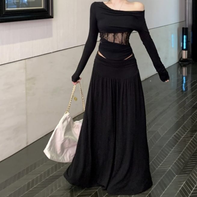 Off-Shoulder Long-Sleeve Top with High-Waisted Maxi A-Line Skirt