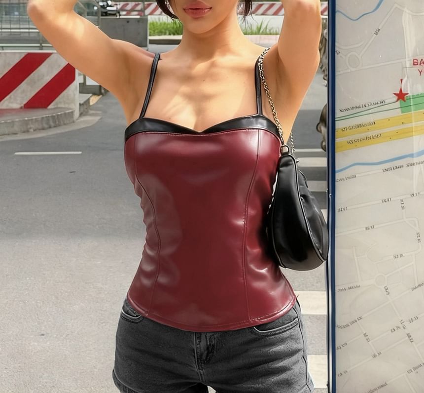 Faux Leather Sweetheart Strap Camisole