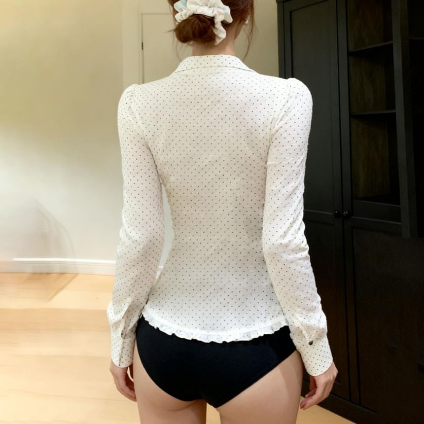 Collared V-Neck Ruffle Trim Dotted Button Shirt