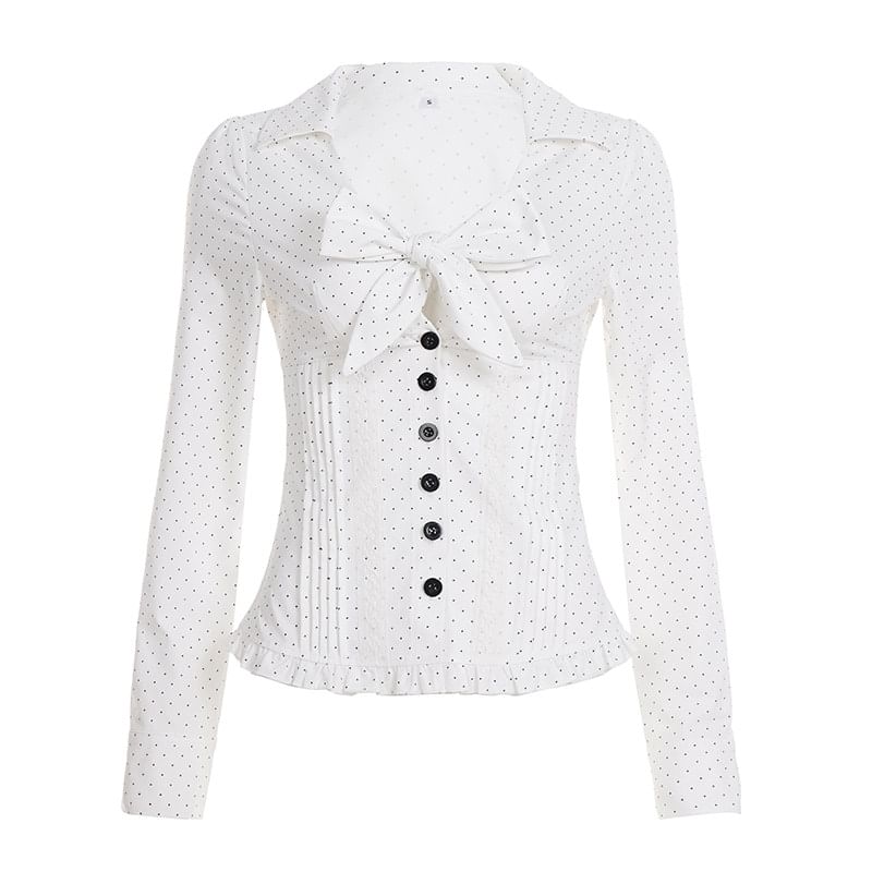 Collared V-Neck Ruffle Trim Dotted Button Shirt