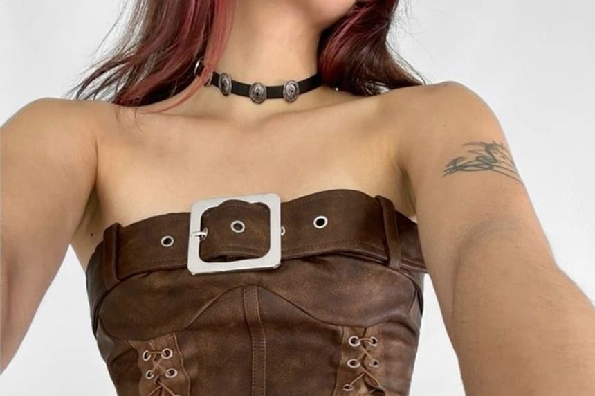 Faux Leather Buckled Strapless Tube Top