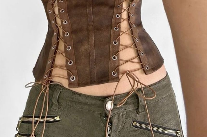 Faux Leather Buckled Strapless Tube Top