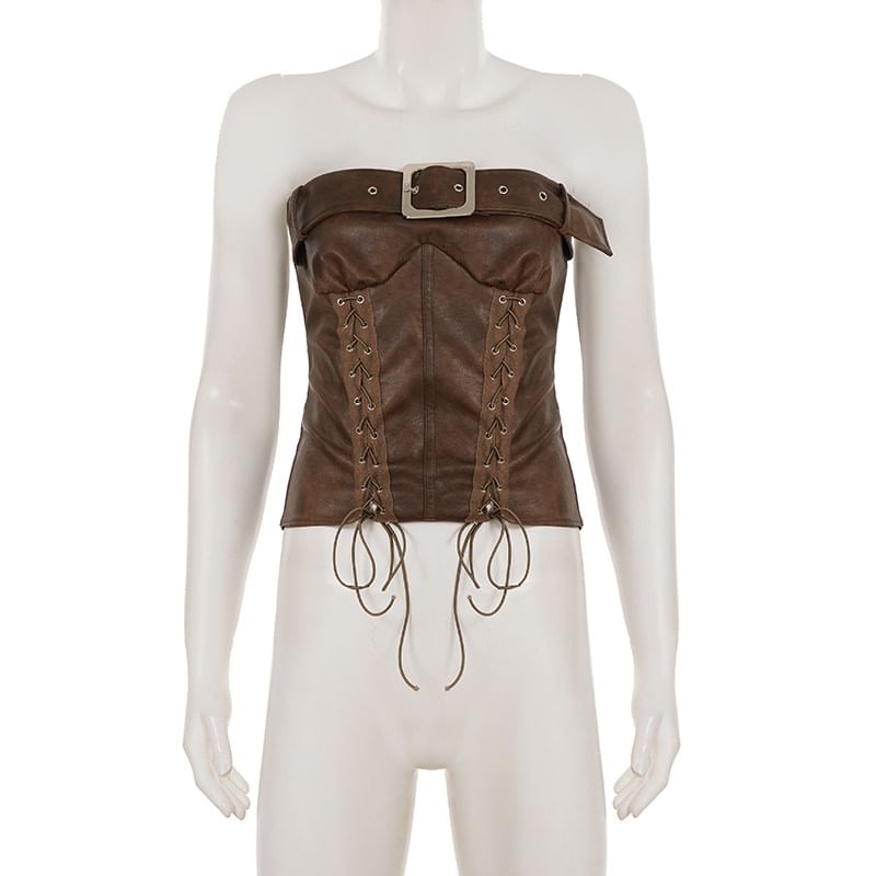 Faux Leather Buckled Strapless Tube Top