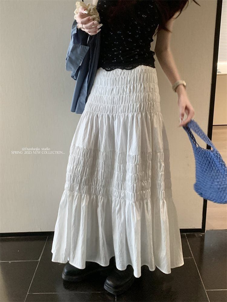 Smocked High-Waisted Maxi A-Line Skirt in Plain