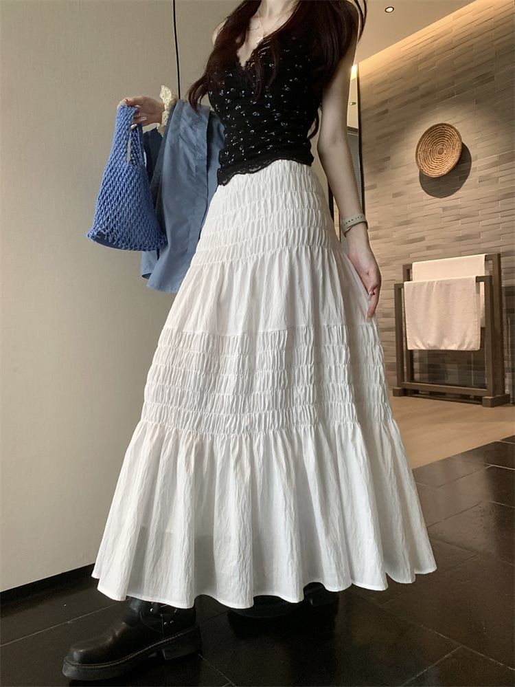 Smocked High-Waisted Maxi A-Line Skirt in Plain