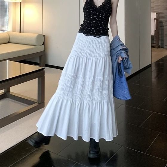 Smocked High-Waisted Maxi A-Line Skirt in Plain