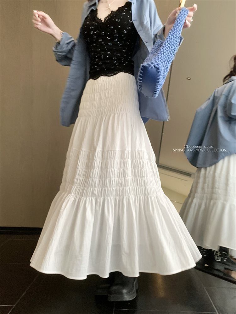 Smocked High-Waisted Maxi A-Line Skirt in Plain
