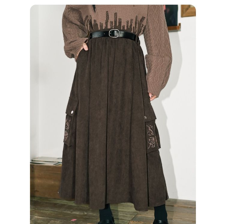 Corduroy Midi A-Line High-Waisted Skirt