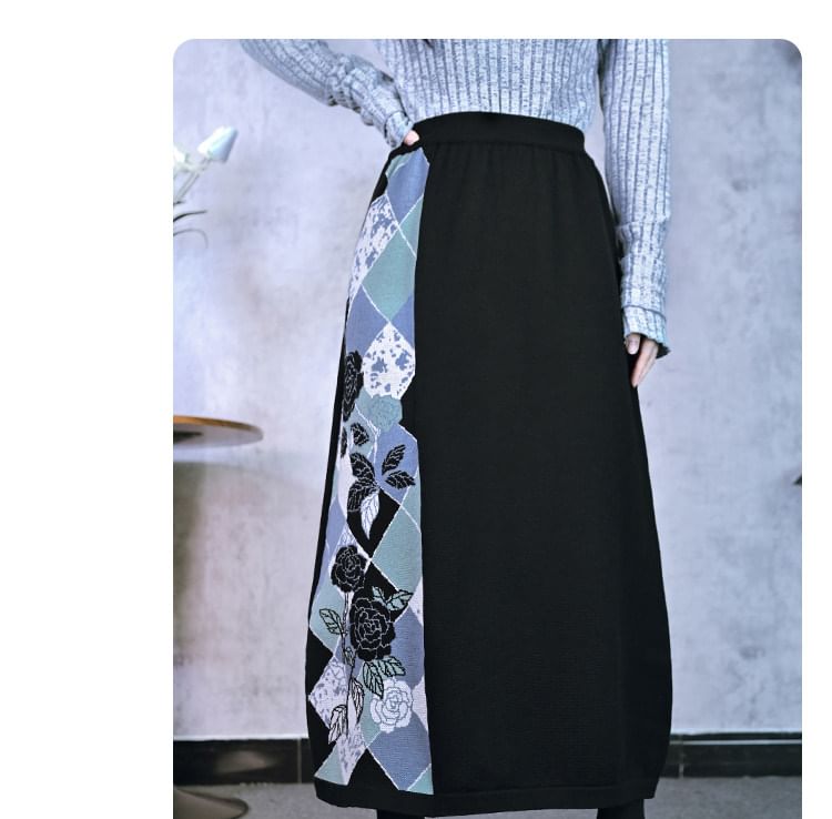 Argyle V-Neck Cardigan with High-Waisted Knit Maxi A-Line Skirt