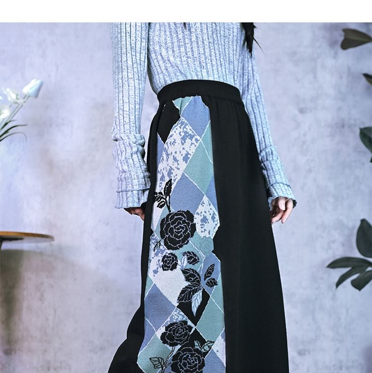 Argyle V-Neck Cardigan with High-Waisted Knit Maxi A-Line Skirt