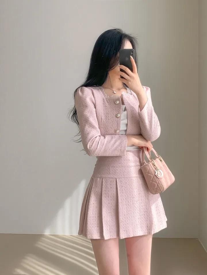 Set: Tweed Button-Up Crop Jacket & High-Waisted Mini Pleated Skirt