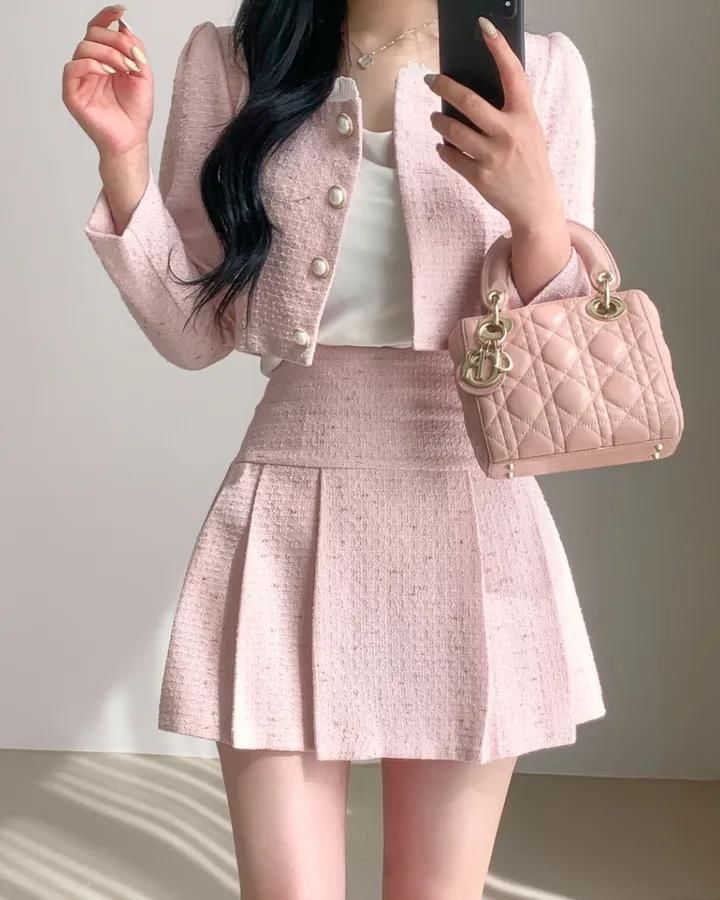 Set: Tweed Button-Up Crop Jacket & High-Waisted Mini Pleated Skirt