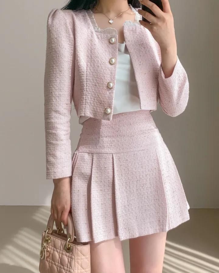 Set: Tweed Button-Up Crop Jacket & High-Waisted Mini Pleated Skirt