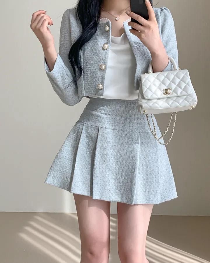 Set: Tweed Button-Up Crop Jacket & High-Waisted Mini Pleated Skirt