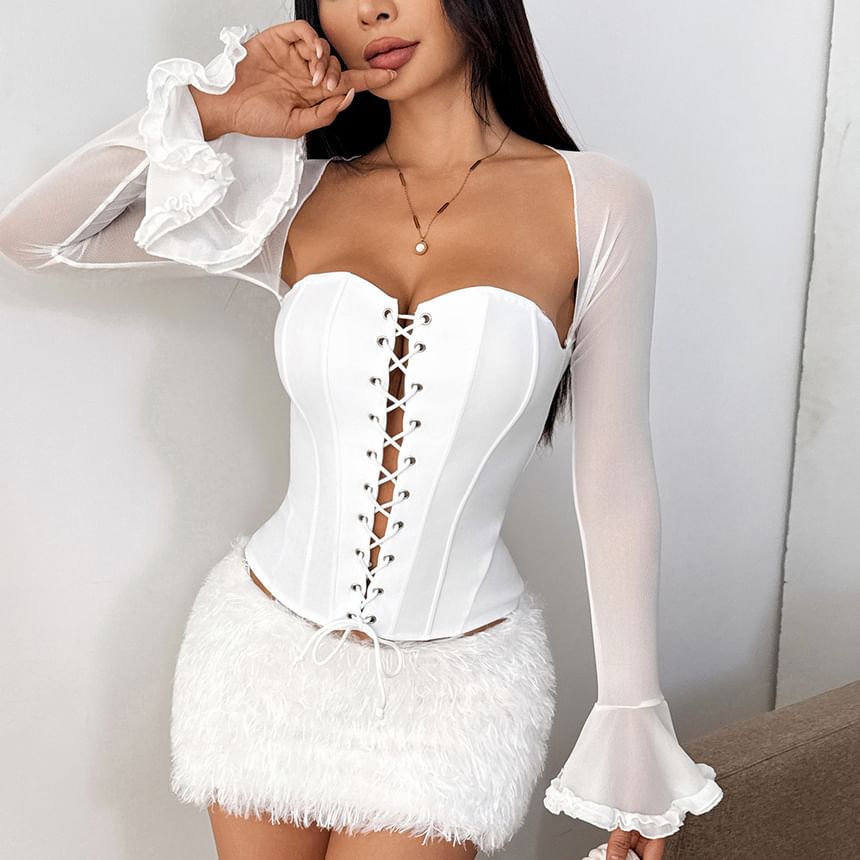 Mesh Panel Lace-Up Crop Corset Top
