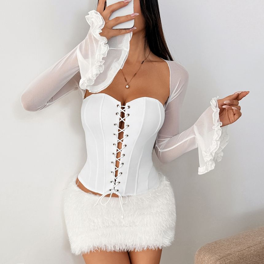 Mesh Panel Lace-Up Crop Corset Top