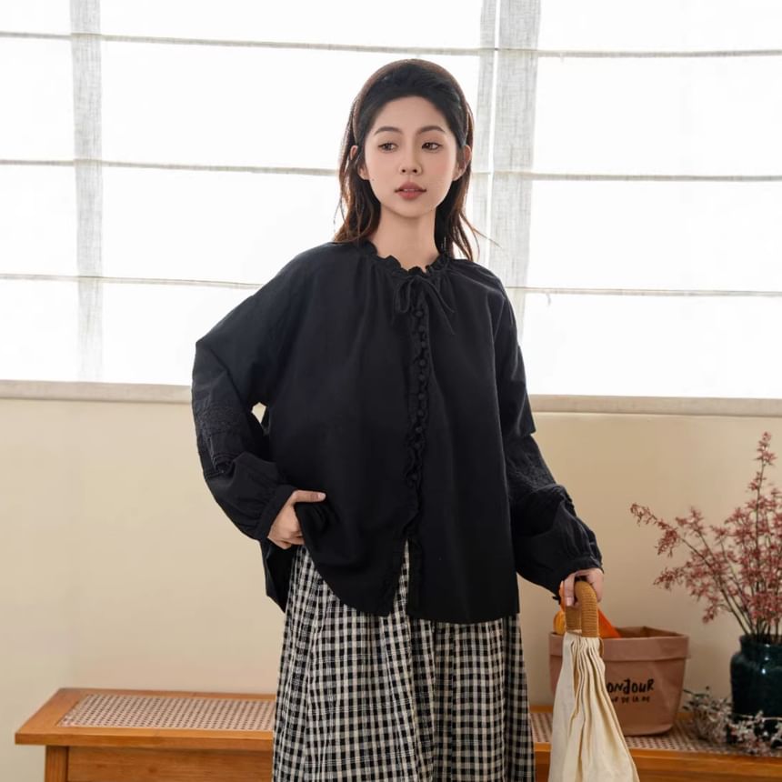 Crew Neck Lace Frill Button-Down Blouse