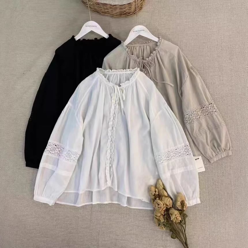 Crew Neck Lace Frill Button-Down Blouse