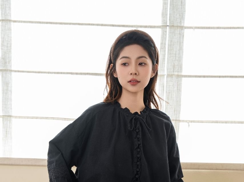 Crew Neck Lace Frill Button-Down Blouse