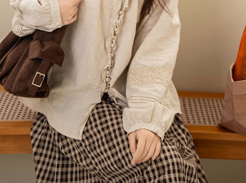 Crew Neck Lace Frill Button-Down Blouse