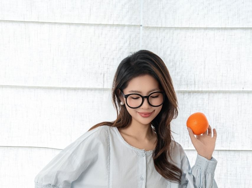 Crew Neck Lace Panel Button-Up Blouse