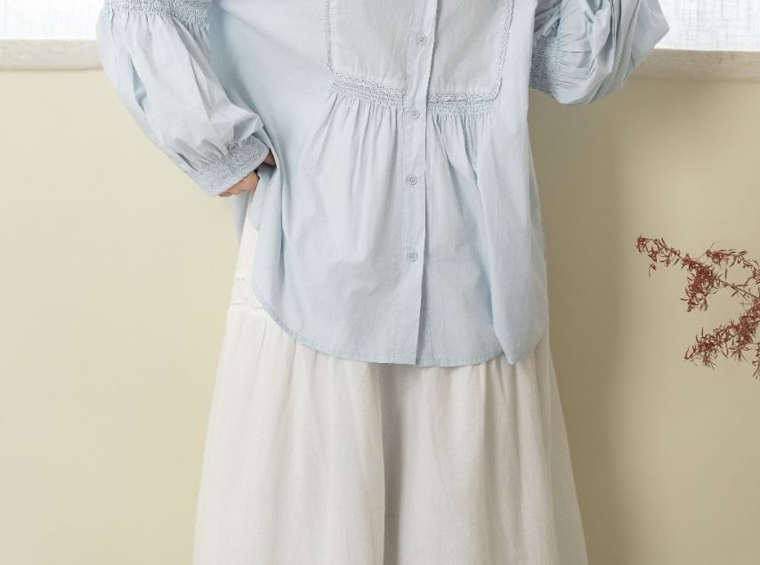 Crew Neck Lace Panel Button-Up Blouse