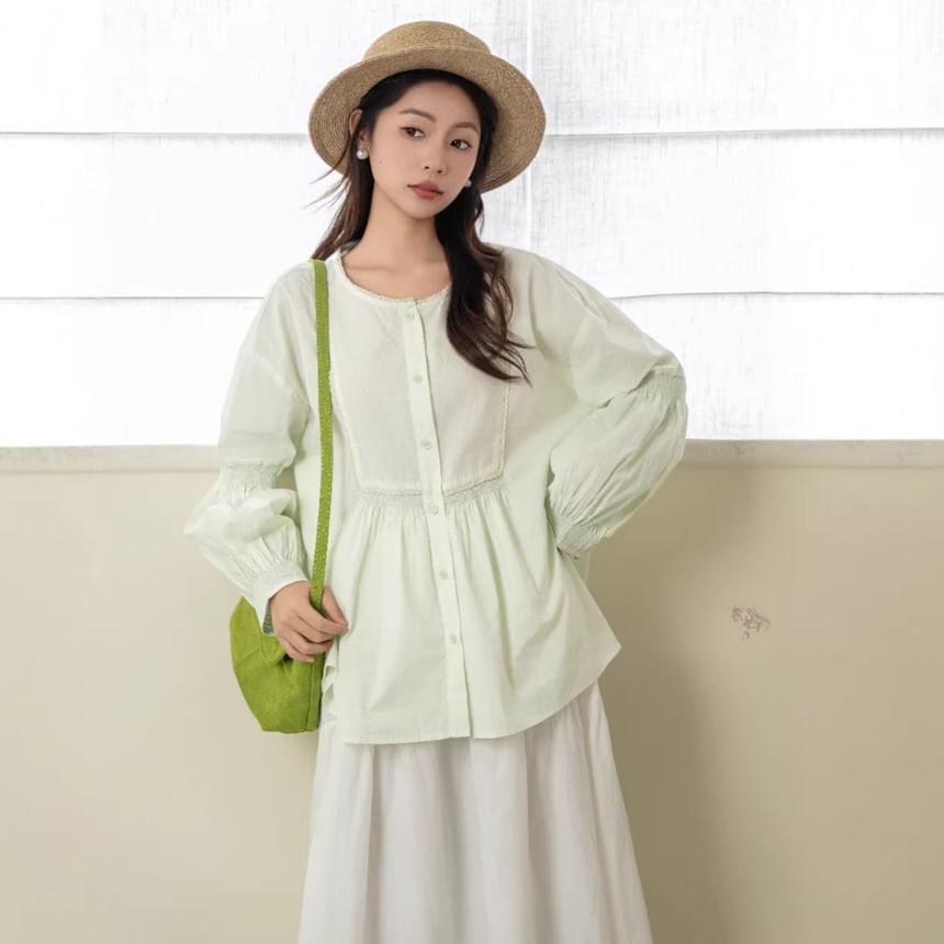Crew Neck Lace Panel Button-Up Blouse