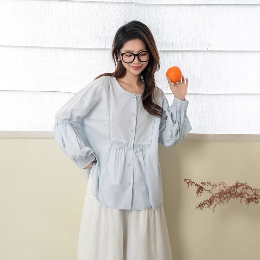 Crew Neck Lace Panel Button-Up Blouse