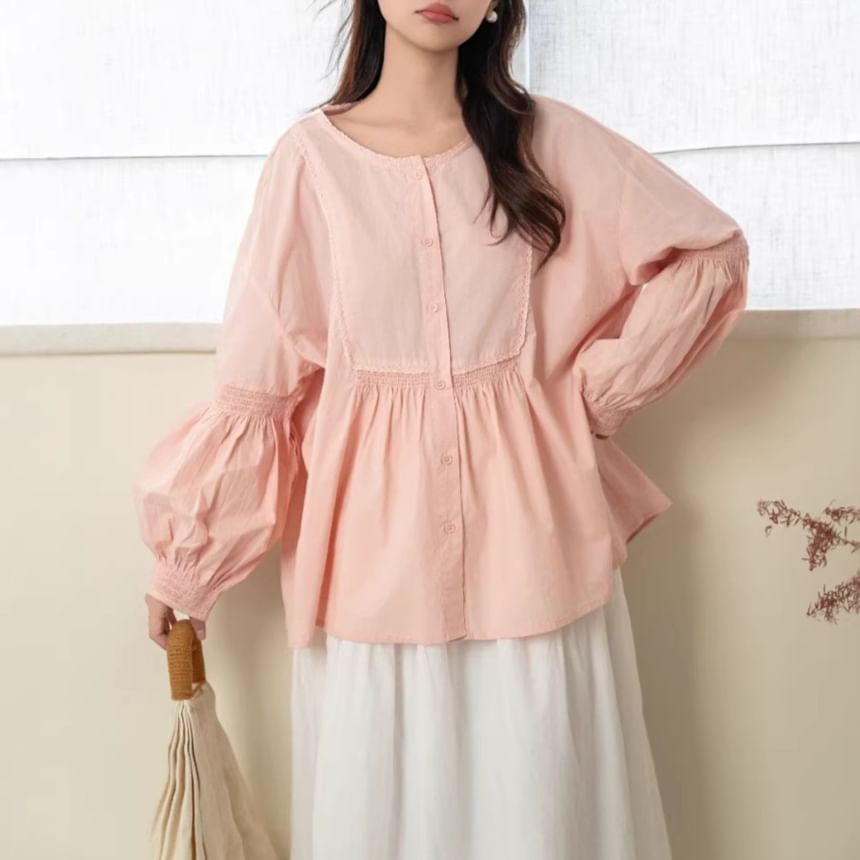 Crew Neck Lace Panel Button-Up Blouse