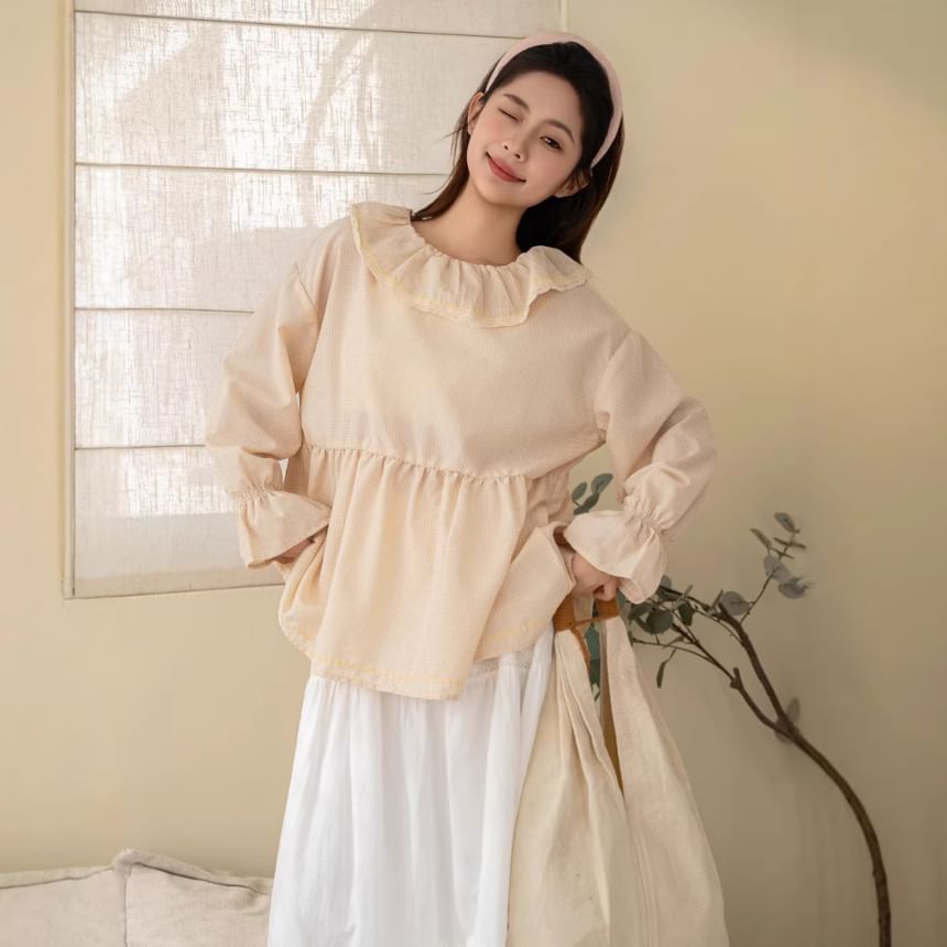 Long-Sleeve Ruffle Collar Gingham Lace Blouse