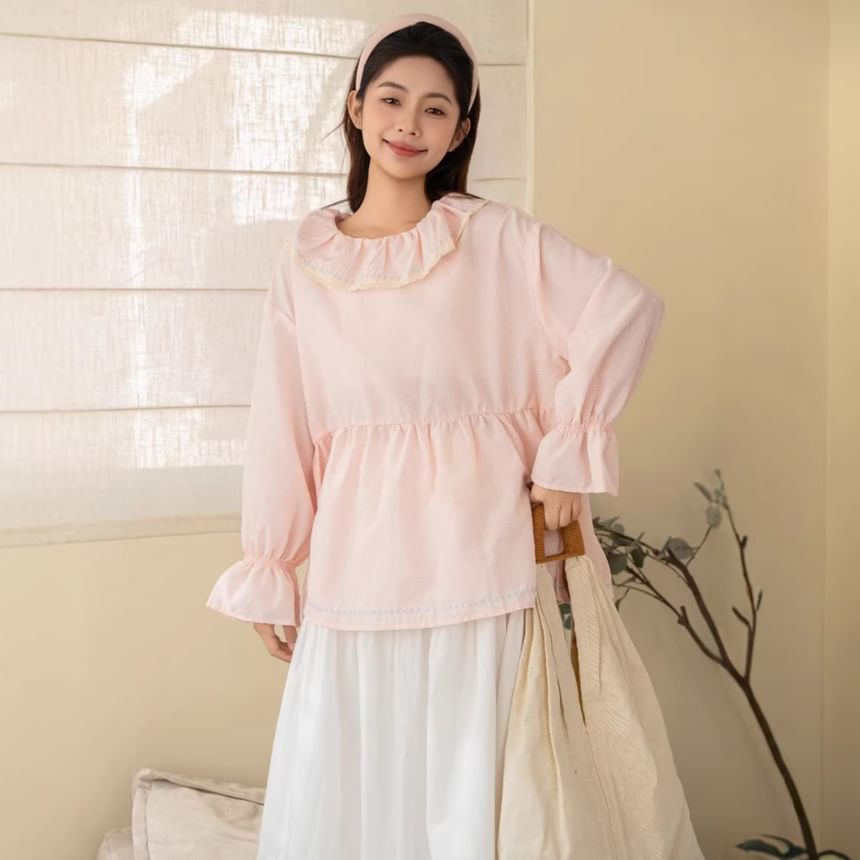 Long-Sleeve Ruffle Collar Gingham Lace Blouse