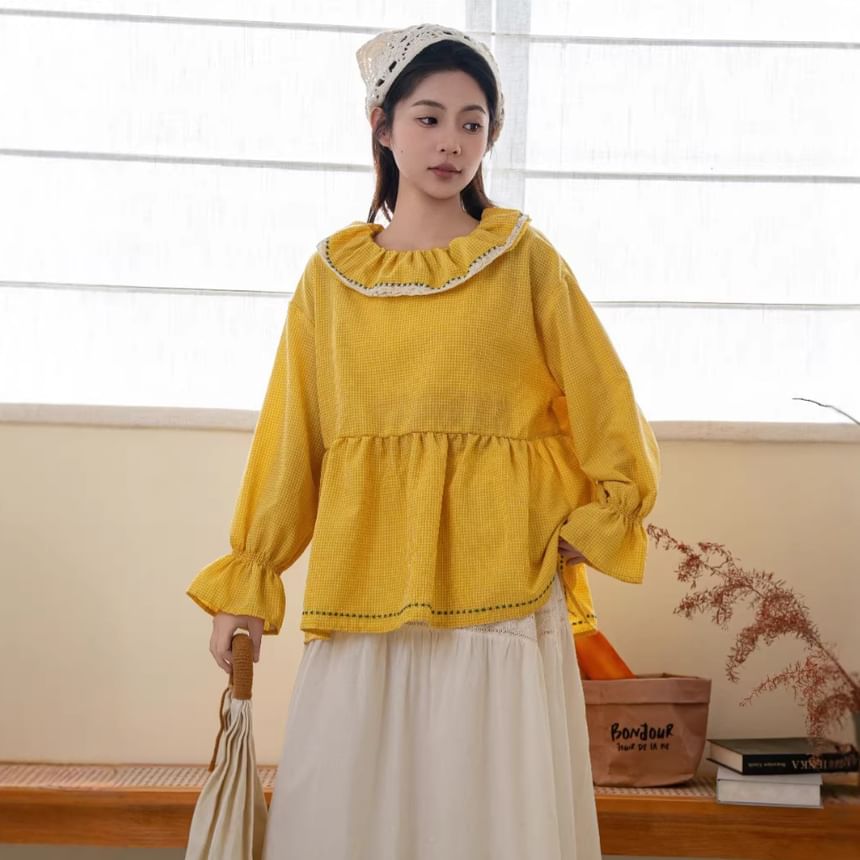 Long-Sleeve Ruffle Collar Gingham Lace Blouse