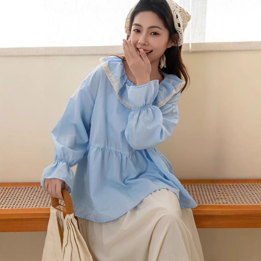 Long-Sleeve Ruffle Collar Gingham Lace Blouse